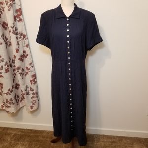 Vintage 1990s navy blue Sag Harbor short sleeve button up midi shirt dress
